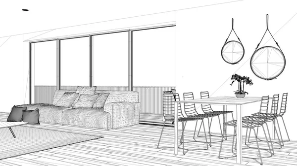 Blueprint proje taslağı, penthouse oturma odası ve mutfak iç tasarım, kanepe ve halı ile salon, yemek masası, parke, modern mimari konsept fikir