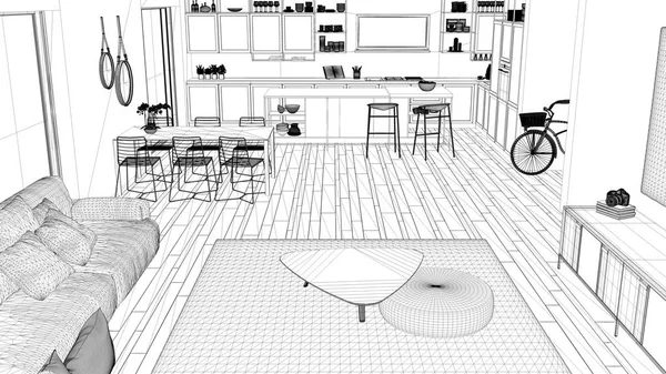 Проект Блакитного відбитку, дизайн інтер'єру вітальні та кухні, вітальня з диваном та килимом, обідній стіл, паркет, концепція сучасної архітектури, вид зверху — стокове фото