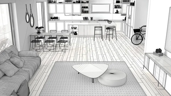 Penthouse oturma odası ve mutfak iç tasarım bitmemiş proje, kanepe ve halı ile salon, yemek masası, tabureile ada, parke, mimari konsept fikir, üst görünümü