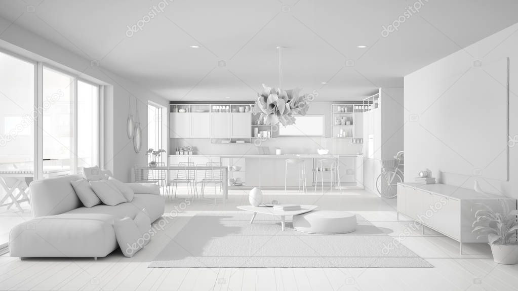 Total white project of penthouse living room and kitchen interior design, lounge with sofa and carpet, dining table, island with stools, parquet. Modern white architecture concept idea