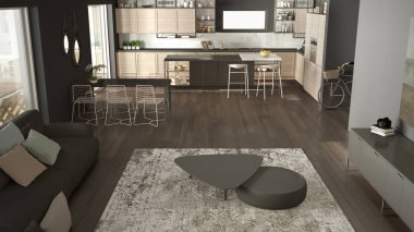 Penthouse minimalist mutfak iç tasarım, kanepe ve halı ile salon, yemek masası, tabure, parke ile ada. Modern çağdaş gri mimari kavramı, üst görünüm