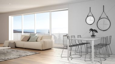 Mimar iç tasarımcı kavramı: gerçek olur bitmemiş proje, penthouse oturma odası ve mutfak iç tasarım, kanepe ve halı, yemek masası, parke, konsept fikir