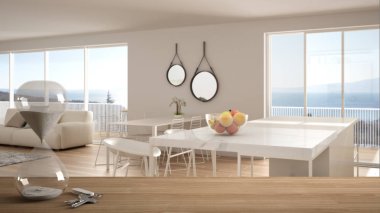 Ahşap masa, masa ya da kristal modern kum saati ölçüm geçen zaman içinde mimari iç tasarım, modern mutfak üzerine bir süre için geri sayım ile raf kopyalama alanı arka plan
