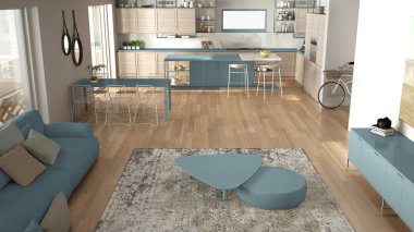 Penthouse minimalist mutfak iç tasarım, kanepe ve halı ile salon, yemek masası, tabure, parke ile ada. Modern çağdaş beyaz ve mavi mimari konsepti, üst görünüm
