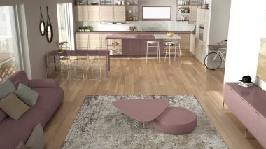 Penthouse minimalist mutfak iç tasarım, kanepe ve halı ile salon, yemek masası, tabure, parke ile ada. Modern çağdaş beyaz ve kırmızı mimari konsepti, üst görünüm