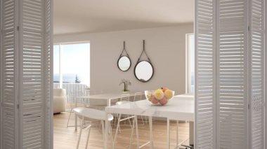 Beyaz katlanır kapı ahşap detayları ve parke zemin, beyaz iç tasarım, mimar tasarımcı kavramı, modern beyaz mutfak üzerinde açma arka plan bulanıklık