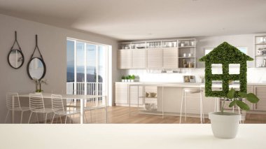 Beyaz masa üst veya raf ev şeklinde saksı yeşil bitki, arka planda modern bulanık mutfak, iç tasarım, gayrimenkul, eko mimari konsept fikri