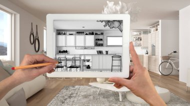 Holding ve tablet gösteren modern beyaz mutfak ahşap detayları Cad çizim el kroki. Gerçek bitmiş iç mimari tasarım sunum arka planda