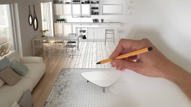 Mimar iç tasarımcı konsepti: alan gerçek olurken el çizim bir tasarım iç proje, modern beyaz ve ahşap mutfak ve oturma odası