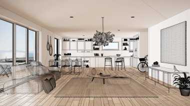 Boş beyaz iç parke zemin ve büyük panoramik penceresinde, proje, siyah mürekkep kroki, blueprint klasik mutfak gösterilen özel mimari tasarım