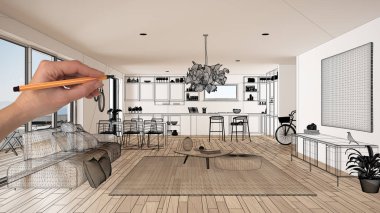 Parke zemin ve büyük panoramik penceresine beyaz iç boş, çizim özel mimari tasarım, siyah mürekkep kroki, plan gösteren modern mutfak el