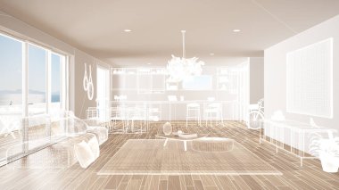 Parke zemin ve beyaz duvarlar, özel mimari tasarım projesi, beyaz mürekkep kroki, modern mutfak, konsept, maket, mimari fikir gösteren plan ile boş beyaz iç