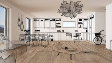 Boş beyaz iç parke zemin ve büyük panoramik penceresinde, proje, siyah mürekkep kroki, blueprint klasik mutfak gösterilen özel mimari tasarım