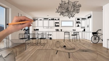 Parke zemin ve büyük panoramik penceresine beyaz iç boş, çizim özel mimari tasarım, siyah mürekkep kroki, plan gösteren modern mutfak el