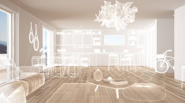 Parke zemin ve beyaz duvarlar, özel mimari tasarım projesi, beyaz mürekkep kroki, modern mutfak, konsept, maket, mimari fikir gösteren plan ile boş beyaz iç