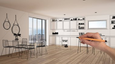 Parke zemin ve büyük panoramik penceresine beyaz iç boş, çizim özel mimari tasarım, siyah mürekkep kroki, plan gösteren modern mutfak el