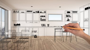 Parke zemin ve büyük panoramik penceresine beyaz iç boş, çizim özel mimari tasarım, siyah mürekkep kroki, plan gösteren modern mutfak el