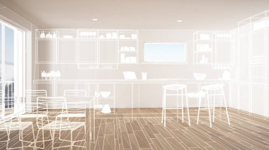 Parke zemin ve beyaz duvarlar, özel mimari tasarım projesi, beyaz mürekkep kroki, modern mutfak, konsept, maket, mimari fikir gösteren plan ile boş beyaz iç