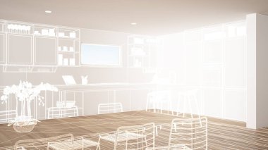 Parke zemin ve beyaz duvarlar, özel mimari tasarım projesi, beyaz mürekkep kroki, modern mutfak, konsept, maket, mimari fikir gösteren plan ile boş beyaz iç