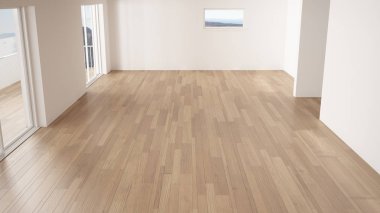 Boş oda iç tasarımı, büyük panoramik pencere ile açık alan, deniz panoramik manzaralı balkon, parke ahşap zemin, modern çağdaş mimari, üst görünüm