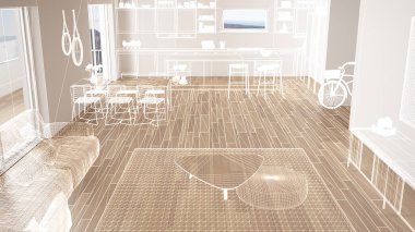 Parke zemin ve beyaz duvarlar, özel mimari tasarım projesi, beyaz mürekkep kroki, modern mutfak, konsept, maket, mimari fikir gösteren plan ile boş beyaz iç