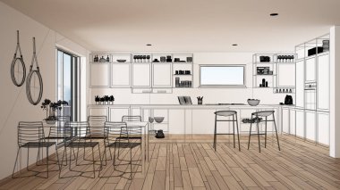 Boş beyaz iç parke zemin ve büyük panoramik penceresinde, proje, siyah mürekkep kroki, blueprint klasik mutfak gösterilen özel mimari tasarım