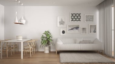 Yemek masası, kanepe ve kürk halı ile sıcak ve confortable İskandinav beyaz oturma odası, parke zemin ile minimal odada saksı bitki, çağdaş mimari iç tasarım