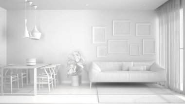 Yemek masası, kanepe ve kürk halı, saksı bitki ve parke, mimari iç tasarım ile sıcak ve confortable renkli beyaz oturma odası toplam beyaz proje taslağı