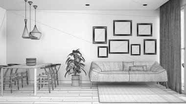 Yemek masası, kanepe ve kürk halı, saksı bitki ve parke, modern mimari konsept fikir ile sıcak ve confortable renkli beyaz oturma odası bitmemiş proje