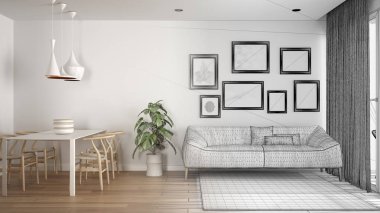 Mimar iç tasarımcı kavramı: yemek masası, kanepe ve halı, konsept fikir ile gerçek, sıcak ve confortable renkli beyaz oturma odası olur bitmemiş proje