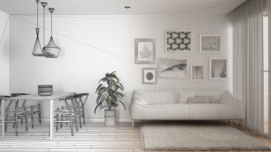 Mimar iç tasarımcı kavramı: yemek masası, kanepe ve halı, konsept fikir ile gerçek, sıcak ve confortable renkli beyaz oturma odası olur bitmemiş proje