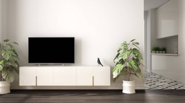 Küçük mutfak, parke zemin, tv dolap, saksı bitki ile modern beyaz ve gri minimalist oturma odası. İskandinav renkli fayans ve dekorlar, mimari iç tasarım konsepti