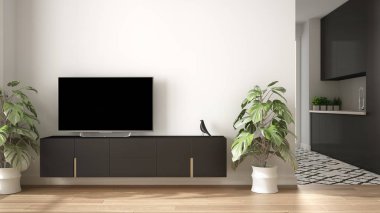 Küçük mutfak, parke zemin, tv dolap, saksı bitki ile modern beyaz ve gri minimalist oturma odası. İskandinav renkli fayans ve dekorlar, mimari iç tasarım konsepti