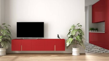 Küçük mutfak, parke zemin, tv dolap, saksı bitki ile modern kırmızı renkli minimalist oturma odası. İskandinav renkli fayans ve dekorlar, mimari iç tasarım konsepti