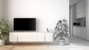 Mimar iç tasarımcı kavramı: küçük mutfak, parke zemin, tv dolap, saksı bitki ile minimalist oturma odası. Fayans ve dekorlar, mimari iç tasarım konsepti