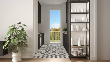 Küçük mutfak, parke zemin, saksı bitki, dekorlar, renkli fayans, mimari iç tasarım konsept fikri ile raf sistemi ile modern beyaz ve gri minimalist oturma odası