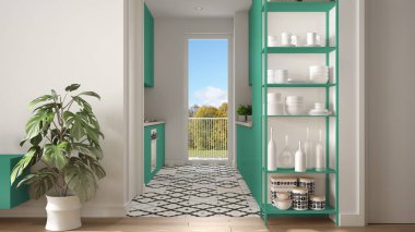 Küçük mutfak, parke zemin, saksı bitki, dekorlar, renkli fayans, mimari iç tasarım konsept fikri ile raf sistemi ile modern beyaz ve turkuaz minimalist oturma odası