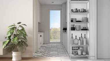 Mimar iç tasarımcı konsepti: mutfaklı minimalist oturma odası, parke zemin, saksı bitkisi, dekorlu raf sistemi, renkli fayanslar, mimari iç tasarım konsepti