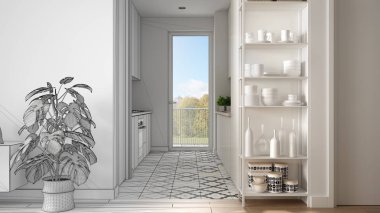 Mimar iç tasarımcı konsepti: mutfaklı minimalist oturma odası, parke zemin, saksı bitkisi, dekorlu raf sistemi, renkli fayanslar, mimari iç tasarım konsepti