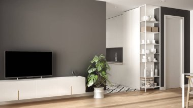 Küçük mutfak, parke zemin, tv dolap, saksı bitki ile modern beyaz ve gri minimalist oturma odası. İskandinav renkli fayans ve dekorlar, mimari iç tasarım konsepti