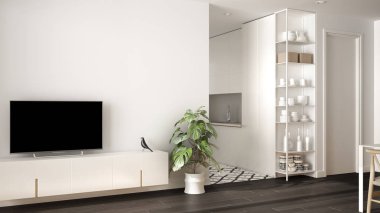 Küçük mutfak, parke zemin, tv dolap, saksı bitki ile modern beyaz ve gri minimalist oturma odası. İskandinav renkli fayans ve dekorlar, mimari iç tasarım konsepti
