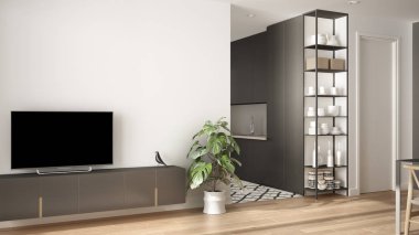 Küçük mutfak, parke zemin, tv dolap, saksı bitki ile modern beyaz ve gri minimalist oturma odası. İskandinav renkli fayans ve dekorlar, mimari iç tasarım konsepti