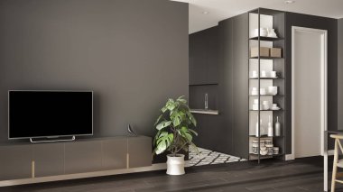 Küçük mutfak, parke zemin, tv dolap, saksı bitki ile Modern gri minimalist oturma odası. İskandinav renkli fayans ve dekorlar, mimari iç tasarım konsepti