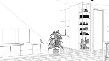 Plan proje taslağı, küçük mutfak, parke zemin, tv dolap, saksı bitki ile minimalist oturma odası. İskandinav fayans ve dekorlar, mimari iç tasarım konsept fikri