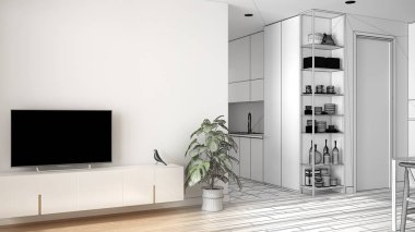 Mimar iç tasarımcı kavramı: küçük mutfak, parke zemin, tv dolap, saksı bitki ile minimalist oturma odası. Fayans ve dekorlar, mimari iç tasarım konsepti