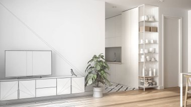 Mimar iç tasarımcı kavramı: küçük mutfak, parke zemin, tv dolap, saksı bitki ile minimalist oturma odası. Fayans ve dekorlar, mimari iç tasarım konsepti