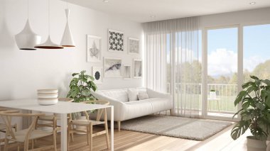 Yemek masası, kanepe ve kürk halı ile sıcak ve confortable İskandinav beyaz oturma odası, parke zemin ile minimal odada saksı bitki, çağdaş mimari iç tasarım