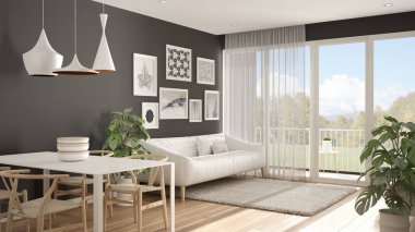 Yemek masası, kanepe ve kürk halı, saksı bitki ve parke zemin, çağdaş mimari iç tasarım ile sıcak ve confortable İskandinav beyaz ve gri oturma odası