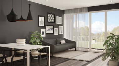 Yemek masası, kanepe ve kürk halı, saksı bitki ve parke zemin, çağdaş mimari iç tasarım ile sıcak ve confortable İskandinav beyaz ve gri oturma odası