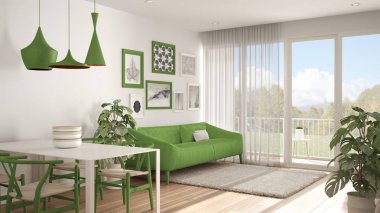 Yemek masası, kanepe ve kürk halı, saksı bitki sehpa ve parke zemin, çağdaş mimari iç tasarım ile sıcak ve confortable renkli beyaz ve yeşil oturma odası